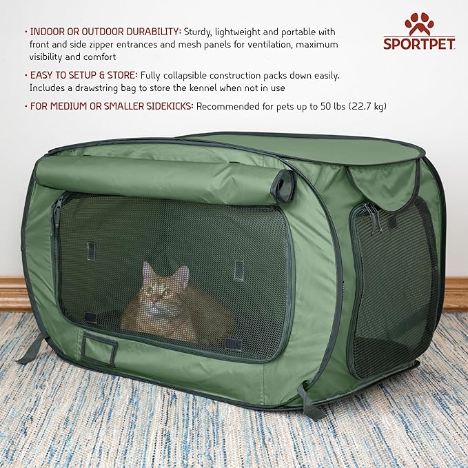 SportPet Designs Soft-Sided Pop-Open Pet Kennel, Medium Portable Travel Crate for Cats & Dogs up to 50 lbs, Foldable Car Kennel with Seatbelt Straps & Washable Waterproof Pad, Green