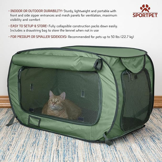 SportPet Designs Soft-Sided Pop-Open Pet Kennel, Medium Portable Travel Crate for Cats & Dogs up to 50 lbs, Foldable Car Kennel with Seatbelt Straps & Washable Waterproof Pad, Green