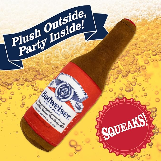 design LAB, Inc. Budweiser Beer Dog Toy | Official Merchandise Beer Bottle Squeaky Plush Toy for Dogs | 10 inch Small Novelty Dog Toys for Fun and Fetch