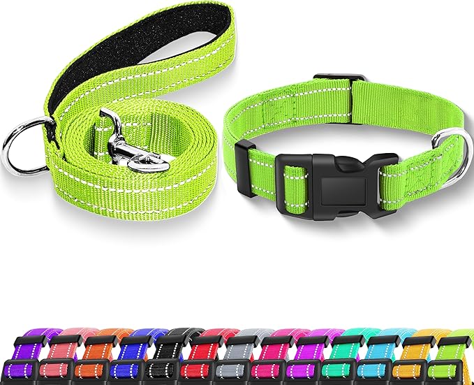 Reflective Dog Collar with Safety Locking Buckle, Adjustable Soft Breathable Nylon Collars for Small, Medium and Large Dogs(Collar+Leash M Green)