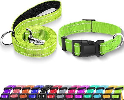 Reflective Dog Collar with Safety Locking Buckle, Adjustable Soft Breathable Nylon Collars for Small, Medium and Large Dogs(Collar+Leash XS Width 3/8" Green)