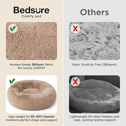 Bedsure Calming Dog Bed for Small Medium Dogs - Donut Washable Medium Puppy Bed, 27 inches Anti-Slip Round Fluffy Plush Faux Fur Pet Bed, Camel