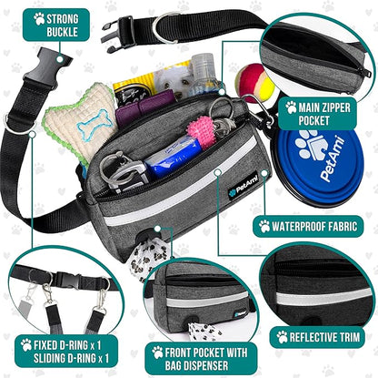 PetAmi Hands Free Dog Leash Belt for Walking Jogging, Waist Zipper Pouch Fanny Pack with Poop Bag Dispenser, Dual Padded Handle Bungee Leash for Small Medium Large Dogs
