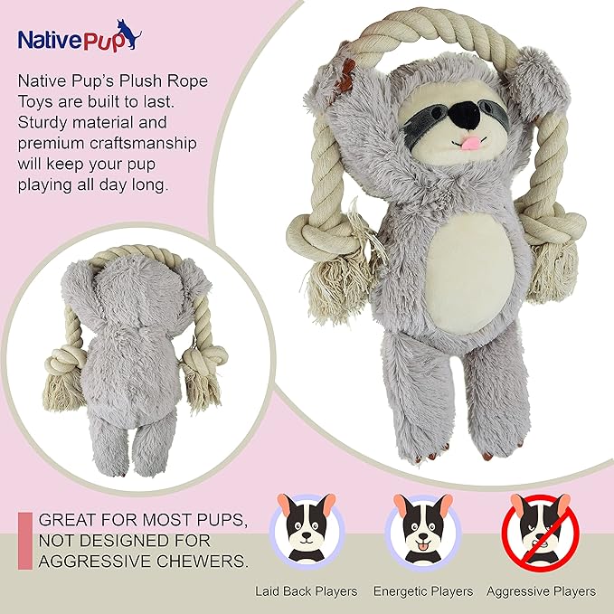 Native Pup Dog Toy Rope and Plush Stuffed Squeaker, Tug of War Toys for Dogs, Puppy Welcome Home Add on for Pets (Sloth)