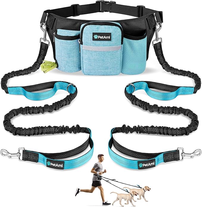 PetAmi Premium Hands Free Dog Leash for 2 Dogs, Adjustable Waist Belt for Dog Walking, Fanny Pack Accessories Bag Dual Bungee for Running, Hiking, Jogging, Biking, Turquoise Blue