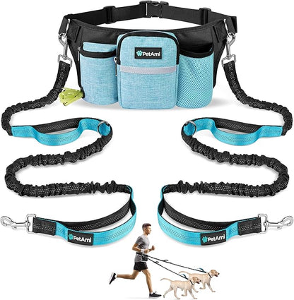 PetAmi Premium Hands Free Dog Leash for 2 Dogs, Adjustable Waist Belt for Dog Walking, Fanny Pack Accessories Bag Dual Bungee for Running, Hiking, Jogging, Biking, Turquoise Blue