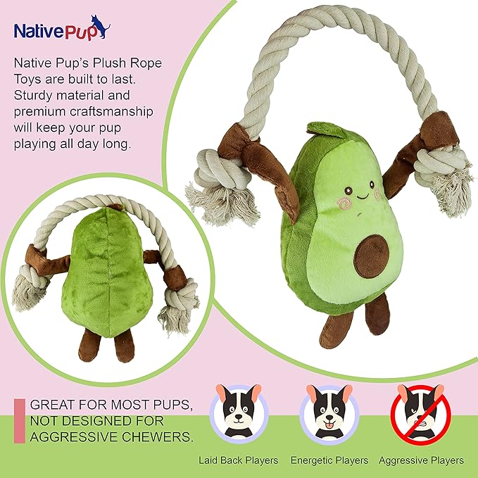 Native Pup Dog Toy Rope and Plush Stuffed Squeaker, Tug of War Toys for Dogs, Puppy Welcome Home Add on for Pets (Avocado)