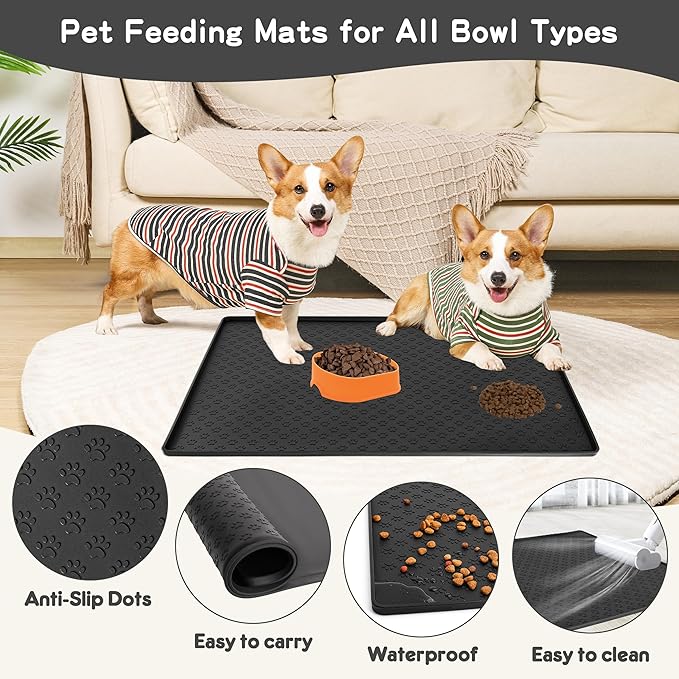 Silicone Dog Dish Mat for Food and Water - 23.6" *15.7" Waterproof Slip Pet Feeding Mat with Raised Edges to Prevent Messes on Floor (Black)