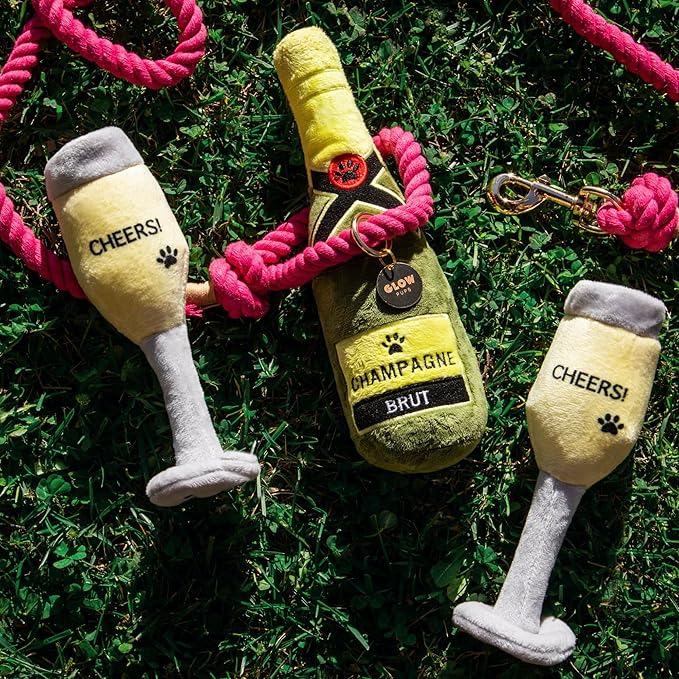 Glow Pups Plush Champagne Dog Toy with Squeaker, Fun Alcohol Parody, Soft Cotton, Machine Washable, Interactive Playtime Dogs - Multicolor (2 Pack of Champagne Glasses)