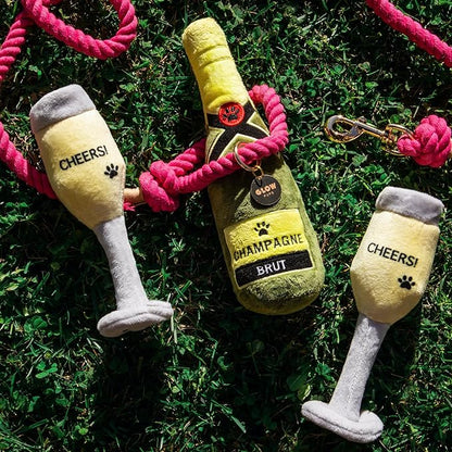 Glow Pups Plush Champagne Dog Toy with Squeaker, Fun Alcohol Parody, Soft Cotton, Machine Washable, Interactive Playtime Dogs - Multicolor (2 Pack of Champagne Glasses)