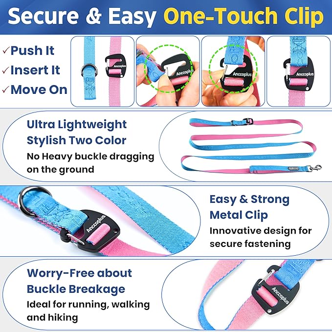 Hands Free Dog Leash, Multifunctional Crossbody Running for Dogs, Ultra-Light Dog Training Leash with Secure Clip, Short & Long Leashes, Adjustable Service Dog Leashes (Aqua Pink)