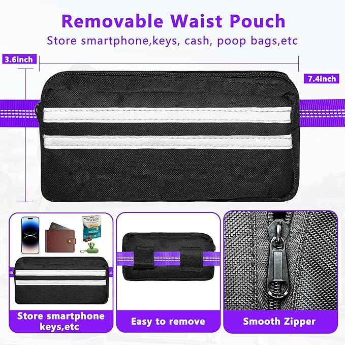 Hands Free Dog Leash with Zipper Pouch, Running Waist Leash for Dog Walking, Adjustable Waist Belt for Large Dogs, Reflective Bungee Design with Two Handle for Hiking, Training, Purple