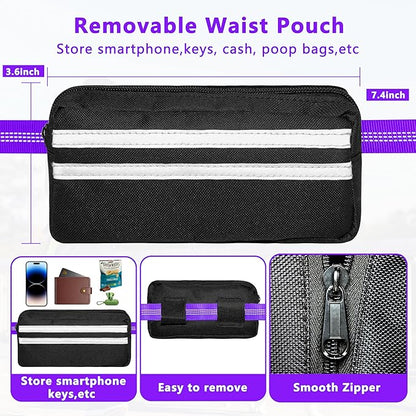 Hands Free Dog Leash with Zipper Pouch, Running Waist Leash for Dog Walking, Adjustable Waist Belt for Large Dogs, Reflective Bungee Design with Two Handle for Hiking, Training, Purple