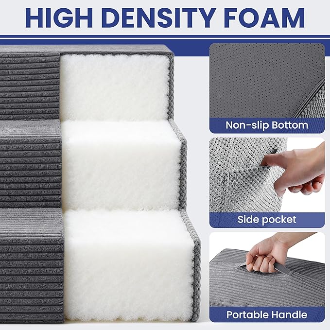 Dog Stairs for Small Dogs, 3-Step Dog Ramp for Bed 13.7" H, Dogs Steps for Bed, Couch, Pet Stairs with Non-Slip Bottom Design,High Density Foam Portable Pet Steps, Grey