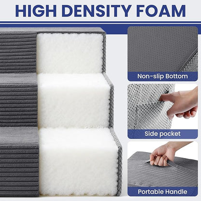 Dog Stairs for Small Dogs, 3-Step Dog Ramp for Bed 13.7" H, Dogs Steps for Bed, Couch, Pet Stairs with Non-Slip Bottom Design,High Density Foam Portable Pet Steps, Grey