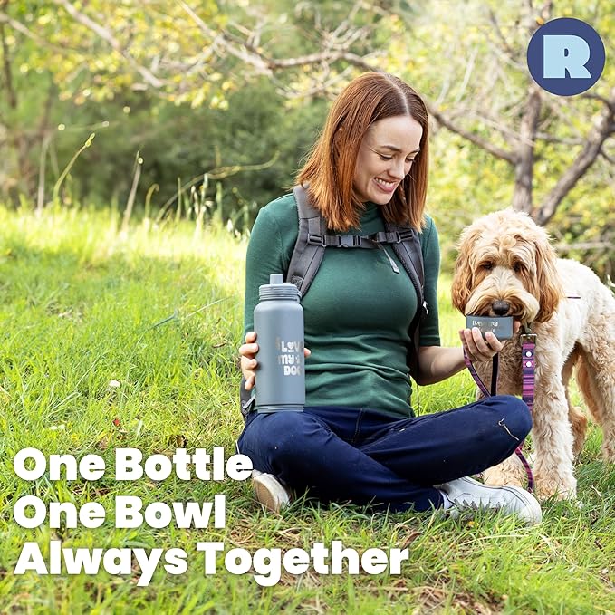 Dog Water Bottle for Dog Lovers - 32 oz Stainless Steel Double Wall Insulated Water Bottle with 8 oz Detachable Bowl on Bottom- Ideal Doggy Lover Gift for Hiking, Walking, Travel - “Love" Smoky Grey