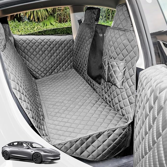 PETICON Dog Seat Covers for Tesla Model 3 & Y Back Seat with 2 Pack Door Protectors, 100% Waterproof Dog Hammock for Tesla with Mesh Window & Headrest Protection Prevents Scratches and Scuffs (Gray)