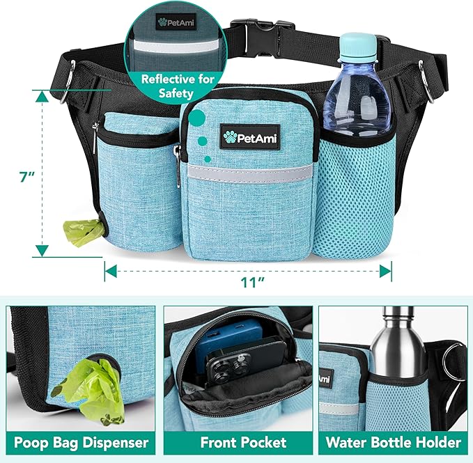 PetAmi Premium Hands Free Dog Leash for 2 Dogs, Adjustable Waist Belt for Dog Walking, Fanny Pack Accessories Bag Dual Bungee for Running, Hiking, Jogging, Biking, Turquoise Blue