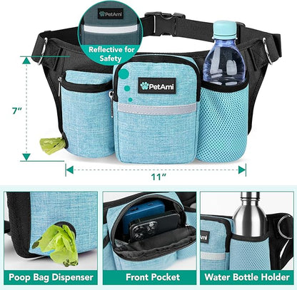 PetAmi Premium Hands Free Dog Leash for 2 Dogs, Adjustable Waist Belt for Dog Walking, Fanny Pack Accessories Bag Dual Bungee for Running, Hiking, Jogging, Biking, Turquoise Blue
