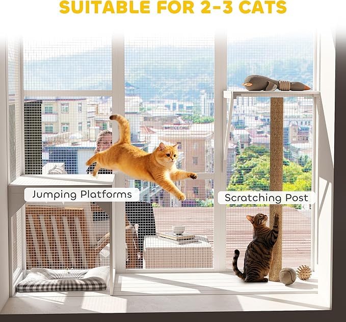 PawHut Outdoor Catio, Cat Window Catio Box Enclosure for 2-3 Large Indoor Cats with 2 Jumping Platforms, Scratching Post, for Playing, Sunbathing, Napping, Cat Window Perch for Enjoying Sights, White