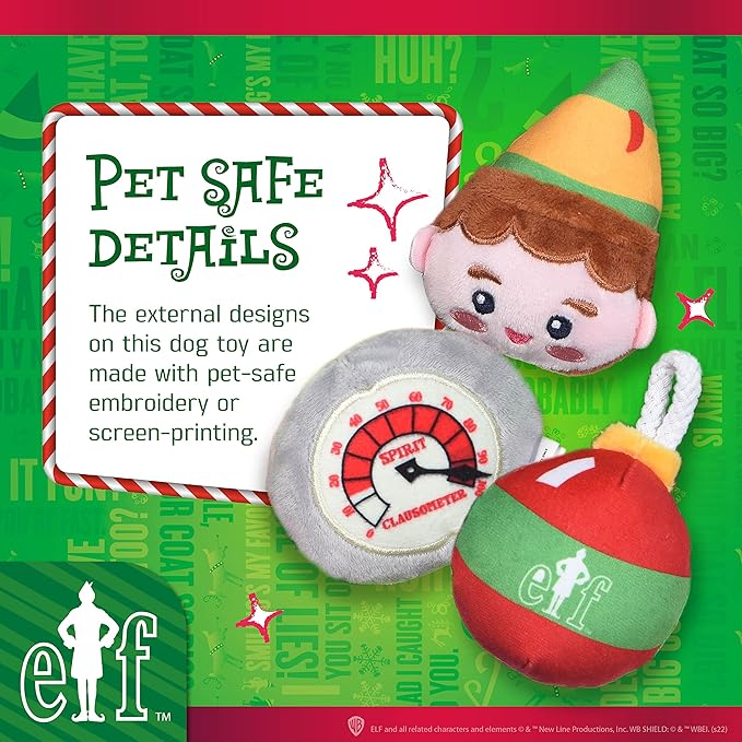Elf: Holiday Plush Squeaker Buddy The, Clausometer, and Ornament Ball Set - 3pc Toy Set(3”)