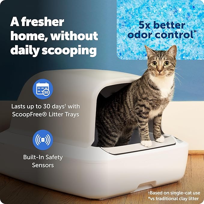PetSafe ScoopFree Crystal Pro Self-Cleaning Cat Litter Box System – Enclosed Front-Entry – Advanced Odor Control – Includes 1 Disposable Crystal Litter Tray – White (PAL00-18017)