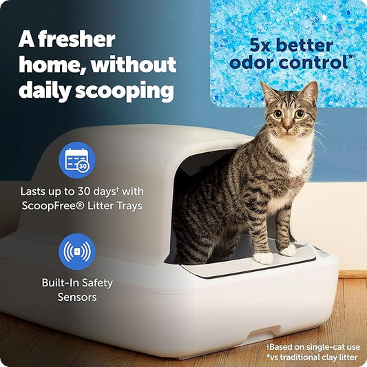 PetSafe ScoopFree Crystal Pro Self-Cleaning Cat Litter Box System – Enclosed Front-Entry – Advanced Odor Control – Includes 1 Disposable Crystal Litter Tray – White (PAL00-18017)