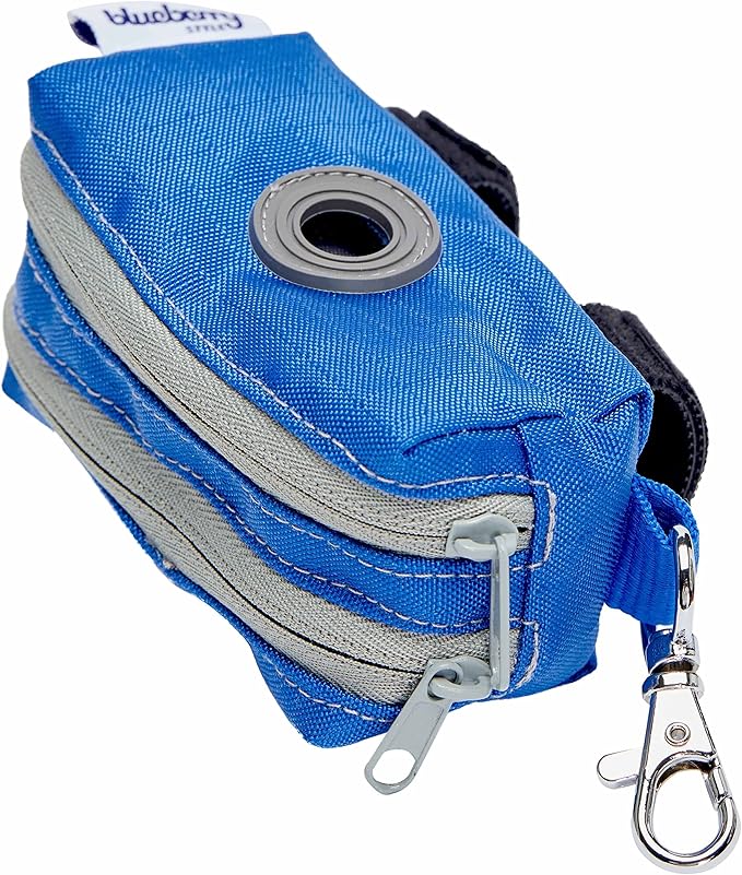 Blueberry Pet Dog Poop Bags Rolls Dispenser, Leash Attachment Holder for Dog Poop Bags, Solid Color, Dual Zippered Compartments, Lightweight, Durable, Includes Free Roll, Travel-Friendly