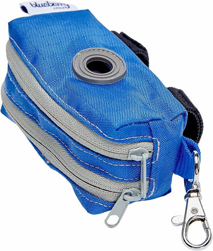 Blueberry Pet Dog Poop Bags Rolls Dispenser, Leash Attachment Holder for Dog Poop Bags, Solid Color, Dual Zippered Compartments, Lightweight, Durable, Includes Free Roll, Travel-Friendly