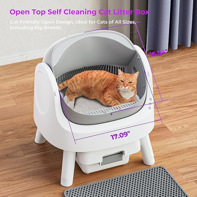PetPivot Automatic Litter Box for Cats, Open-Top Design with Safety Sensors, Includes Liners and Litter Mat, Suitable for Multi-Cat Homes, Grey