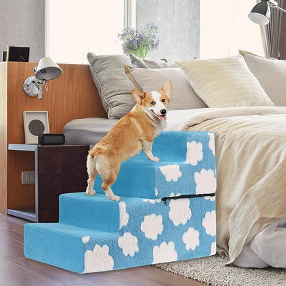 Pet Stairs for Small Dog Stairs for Sofa and Bed High Density Foam Stairs Pet Ladder with Removable Washable Cover Non-Slip Base(4 Steps Blue)