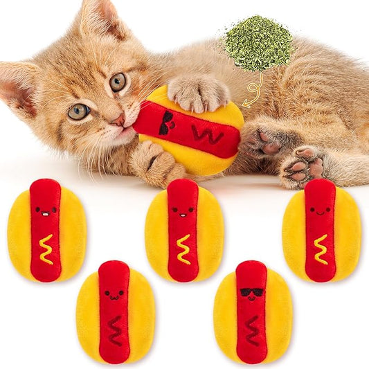 L1rabe Hot Dog Catnip Stuffed Toys - 5 National Pet Day Funny Hot Dog Cat Toys Indoor Yellow Interactive Pet Supplies, Kitten Chew Bite Tools Cat Lovers, Organic Eco-Friendly Birthday Gift
