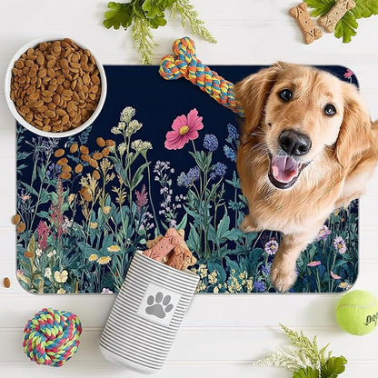 Wildflower Spring Floral Dog Cat Food Mat,Garden Flowers Absorbent Pet Feeding Mat for Food and Water,Non-Slip Dog Bowl Mats Floor Protector 16"x24"