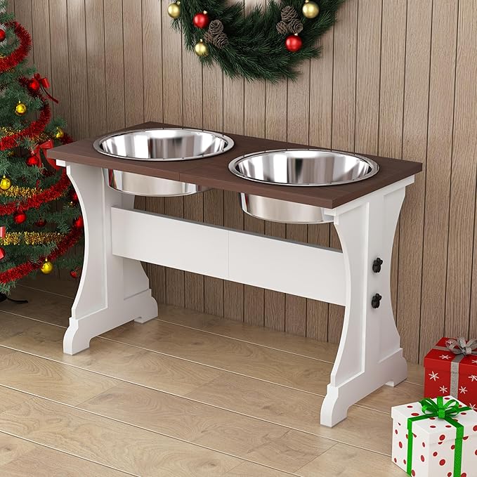 Piskyet Elevated Dog Bowls,Farmhouse Dog Bowls Stand, Raised Dog Bowl with 2 Stainless Steel Wooden Dog Bowl 12 Cups 15.7''H 90 OZ Bowl-Farmhouse Style
