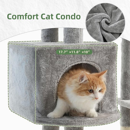 Cat Tree for Indoor Cats, 55.1 inch Cat Tower with 7 Sisal Scratching Posts, Multi-level Cat Condo wit Large Play Platform Furry Ball, Cat Cave, 2 Padded Perches, Basket, Light Gray GCT013W
