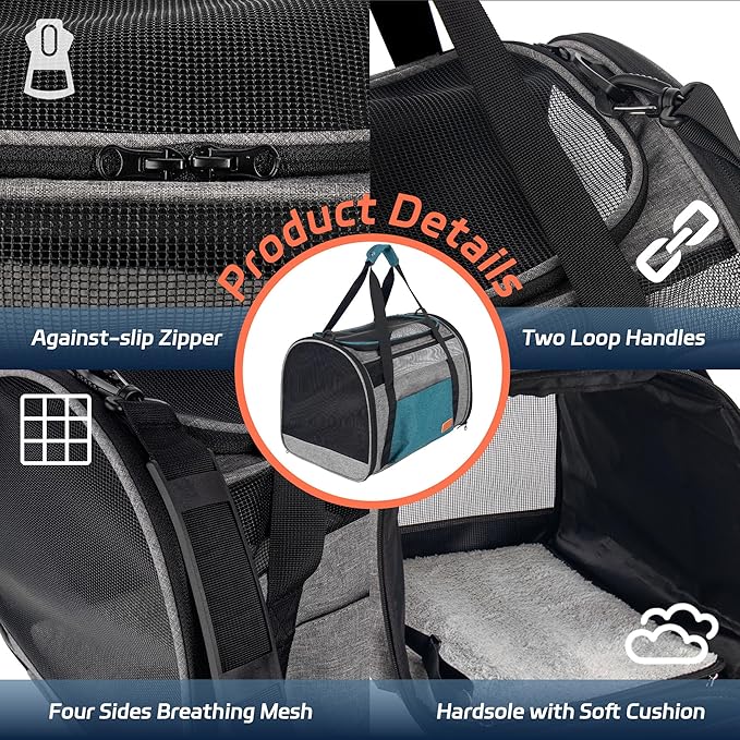 Large Cat Carrier for Cats 20 lbs, Soft Sided Breathable Mesh Travel Carrier, Airline Approved, Washable Pet Carrier for Small Dogs Puppies, Foldable, Blue