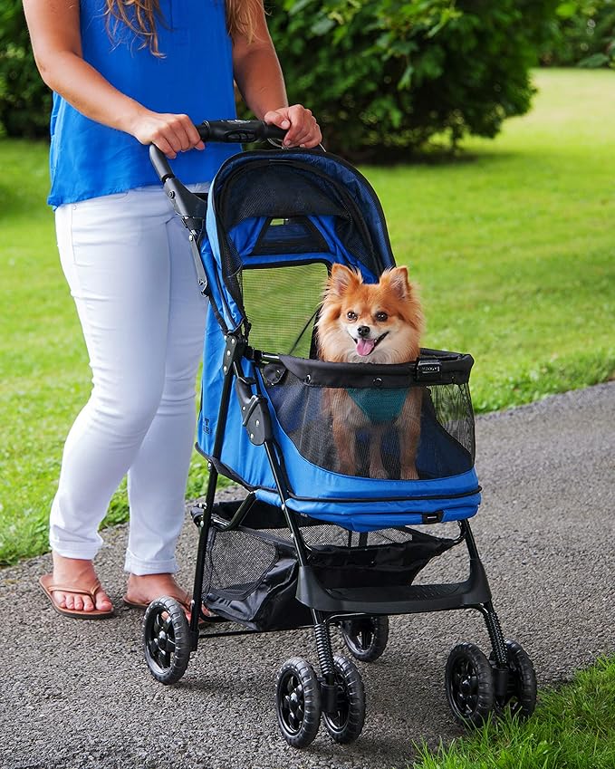 Pet Gear No-Zip Happy Trails Pet Stroller for Cats/Dogs, Zipperless Entry, Easy Fold with Removable Liner, Storage Basket + Cup Holder, NEW Sapphire