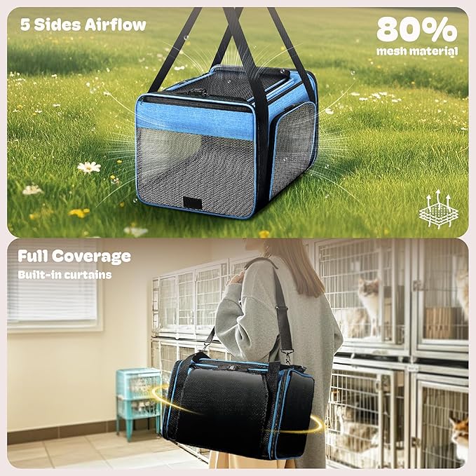 Top and 2 Sides Expandable Pet Carrier 17x11x9.5, TSA Airline Approved Small Dog Carriers for Small Dogs, Soft-Sided Cat Carrier with Self-Locking Zippers for Kitten,Rabbit, Puppy, Guinea Pig Blue