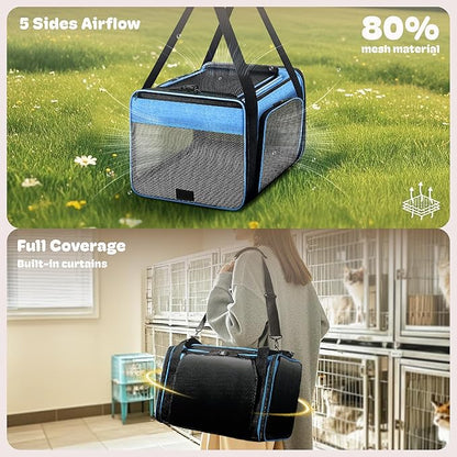 Top and 2 Sides Expandable Pet Carrier 17x11x9.5, TSA Airline Approved Small Dog Carriers for Small Dogs, Soft-Sided Cat Carrier with Self-Locking Zippers for Kitten,Rabbit, Puppy, Guinea Pig Blue