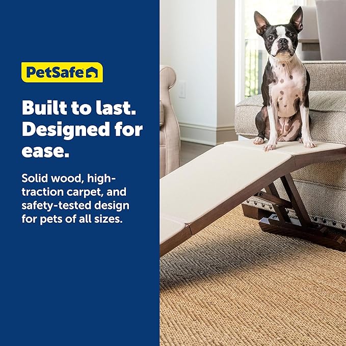 PetSafe CozyUp Sofa Ramp - Adjustable Height Anti-Slip Couch Access Ramp - Heavy Duty Carpet Cover for High Traction - Foldable & Easy to Carry - Older Pet Climbing Aid - Espresso Wooden Finish