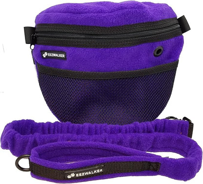 ActiveDogs Dog Handler Bag w/Bungee Leash, Water-Resistant Adjustable Treat Bag + Hands-Free 36"-52" Leash Combo - Purple Fleece
