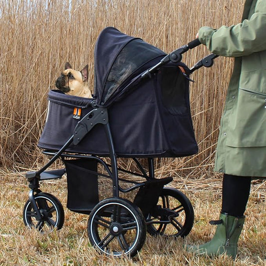 COOPER dog & pet robust buggy, jogger holds up to 32 kg / 70lbs, easy fold, multi-height adjustable soft touch handle, reflective accents, mesh inserts, zippered exits, storage basket below