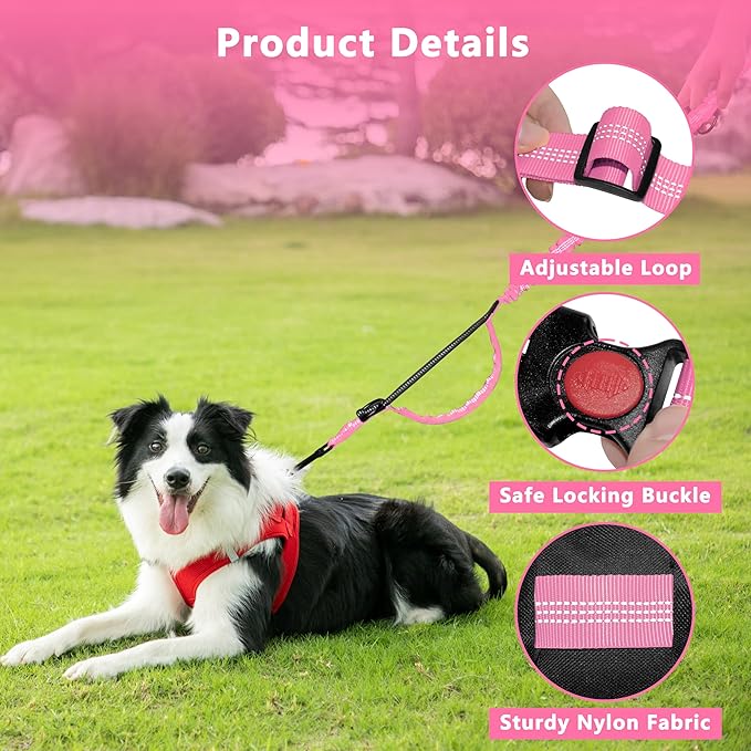 Hands Free Dog Leash with Zipper Pouch, Running Waist Leash for Dog Walking, Adjustable Waist Belt for Large Dogs, Reflective Bungee Design with Two Handle for Hiking, Training, Pink