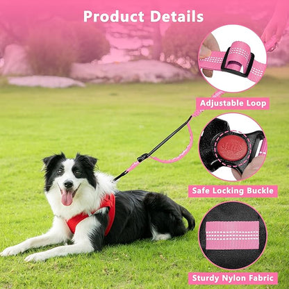 Hands Free Dog Leash with Zipper Pouch, Running Waist Leash for Dog Walking, Adjustable Waist Belt for Large Dogs, Reflective Bungee Design with Two Handle for Hiking, Training, Pink