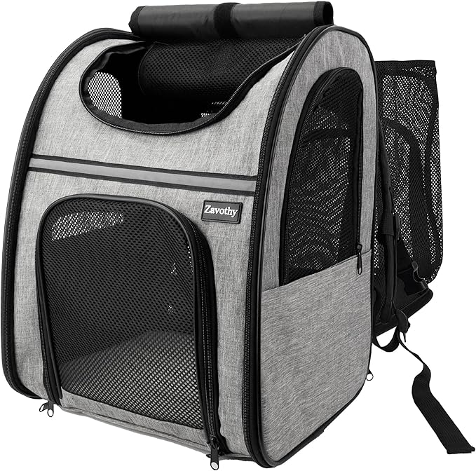 Zavothy Cat Backpack Carrier, Expandable Airline Approved Pet Backpack for Small Cats & Dogs, Breathable Mesh Cat Carrier Backpack with Padded Bottom, Foldable Travel Bag - Grey