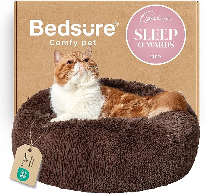 Bedsure Calming Cat Beds for Indoor Cats - Small Cat Bed Washable 20 inches, Anti-Slip Round Fluffy Plush Faux Fur Pet Bed, Fits up to 15 lbs Pets, Coffee