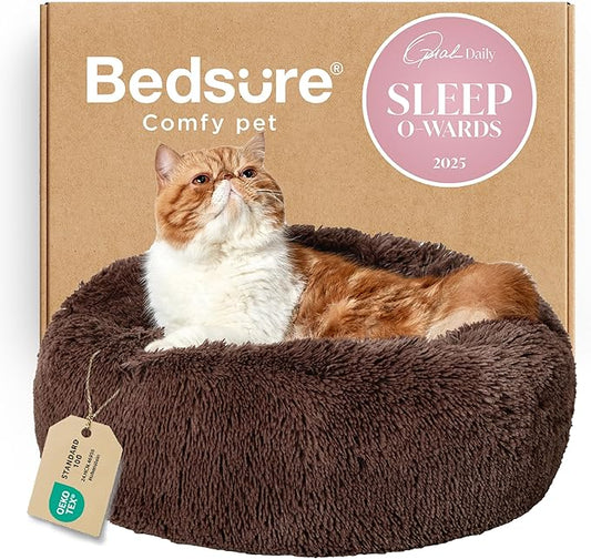 Bedsure Calming Cat Beds for Indoor Cats - Small Cat Bed Washable 20 inches, Anti-Slip Round Fluffy Plush Faux Fur Pet Bed, Fits up to 15 lbs Pets, Coffee