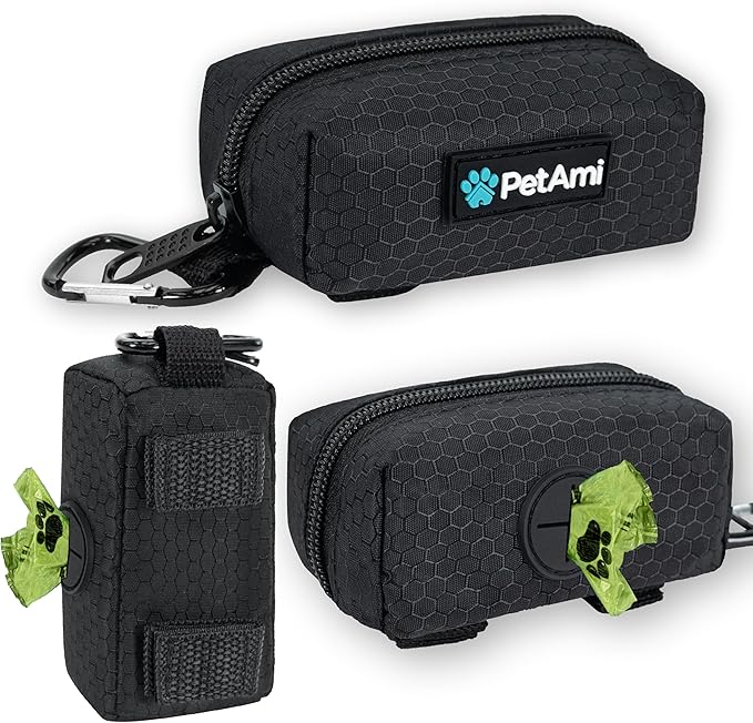 PetAmi Dog Poop Bag Holder & Waste Bag Dispenser with Clip-On Pouch Includes 1 Roll of Pet Waste Bags Portable Dog Walking Accessories for Leash, Belt or Backpack, Black