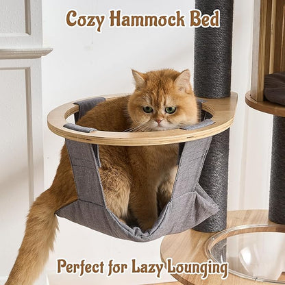 Modern Cat Tree Tower with Scratching Post, 61.5in Tall Cat Tree for Indoor Cats, Multi-Level Solid Wood Cat Furniture with Cozy Cat Beds, Cat Condo, Hammock, Capsule Nest, Turntable Toy, Gray