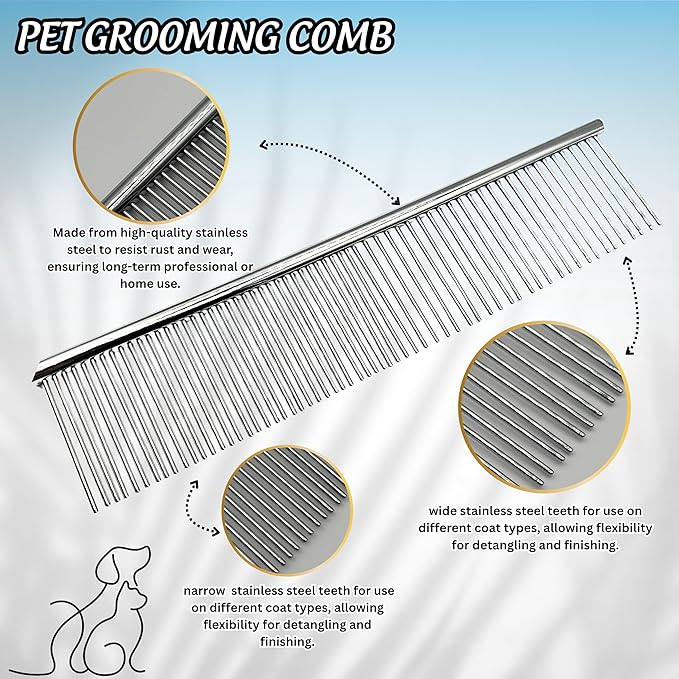 Metal Comb for Dogs & Cats, Professional Pet Grooming Comb Removing Tangles, Mats Loose Hair, Stainless Steel Grooming Tool for Dogs, Cats, Puppies Kittens, Safe Comfortable Pet Brush Alternative